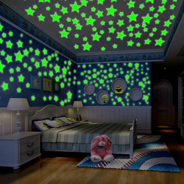 100PCS Glow-in-the-Dark 3D Star Stickers – Luminous Wall & Ceiling Decals for Kids' Bedroom Decor